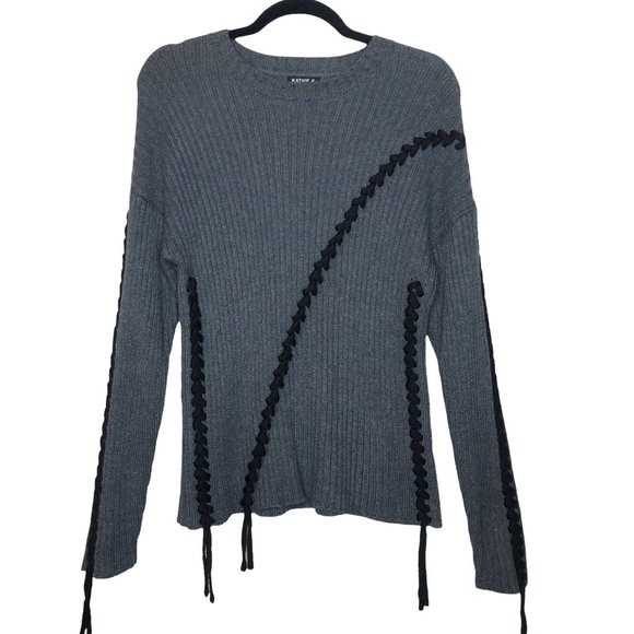 Kathie K Sweaters - Kathie K Gray Ribbed Sweater Black Lace Up Detail Long Sleeve Round Neck Size M